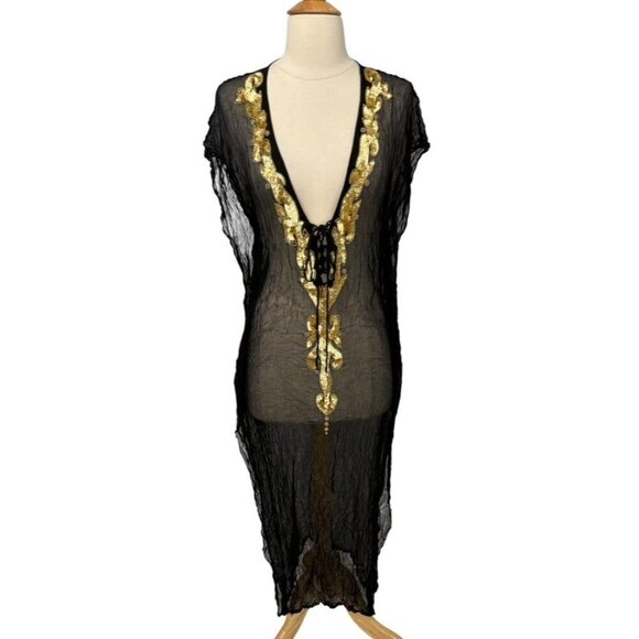 Manish Vaid Dress Cover-Up Size M Black Gold Embellished Resort Beach Poolside - Picture 14 of 14